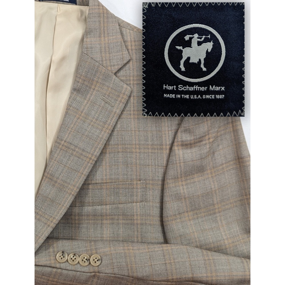Hart Schaffner MARX Wool Blazer Suit Jacket Wool Glenn Check Beige 42L 44 Chest